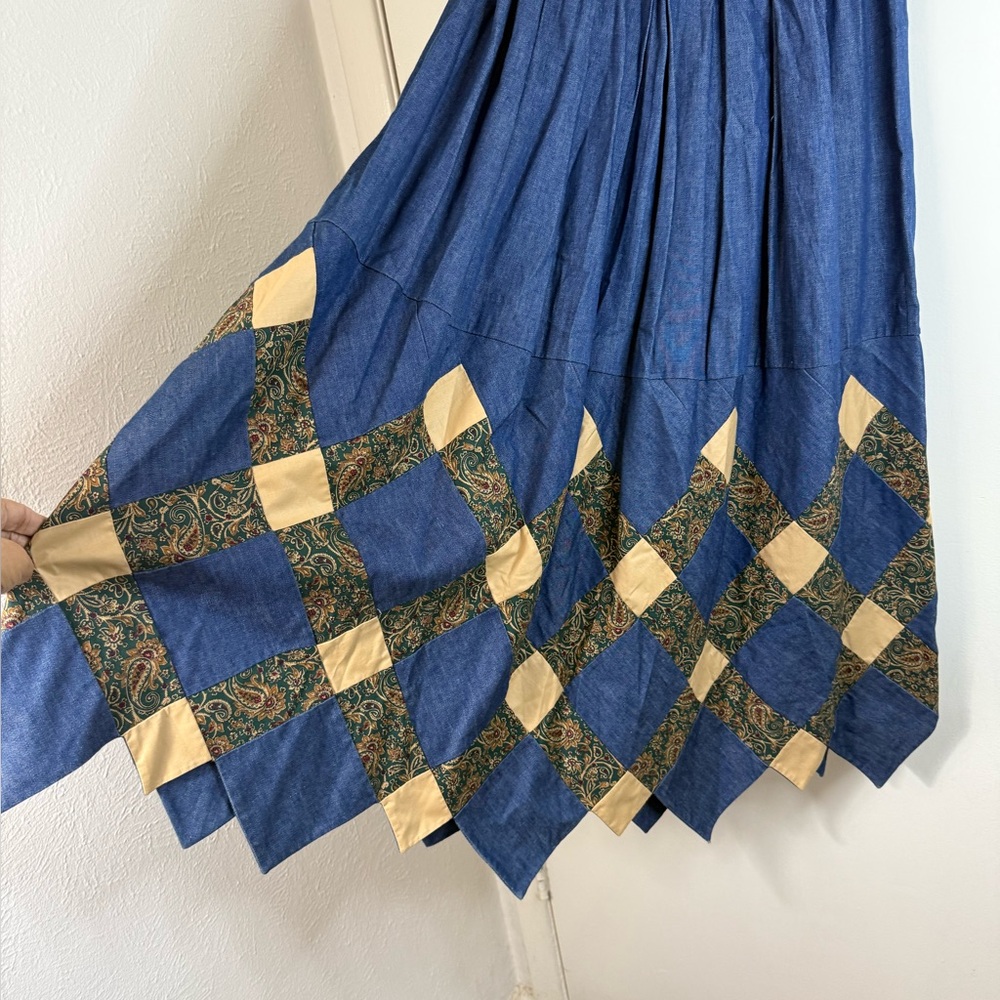 Vintage Chambray denim, paisley patchwork, elastic waistband maxi skirt S/M - Picture 2 of 6